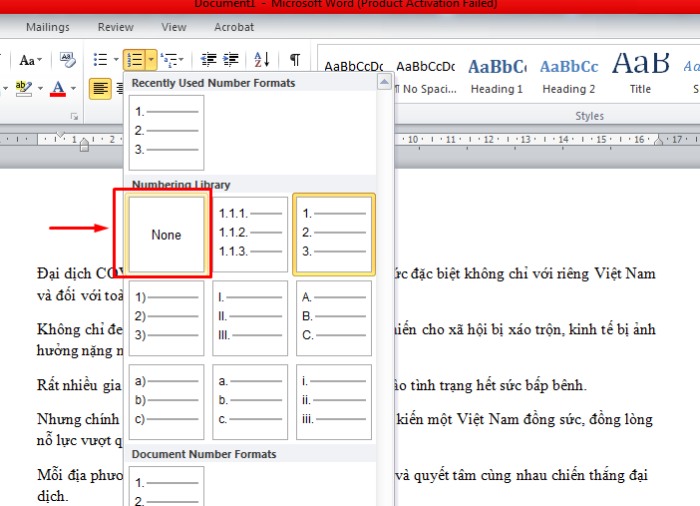Cách bỏ đánh số thứ tự trong Word