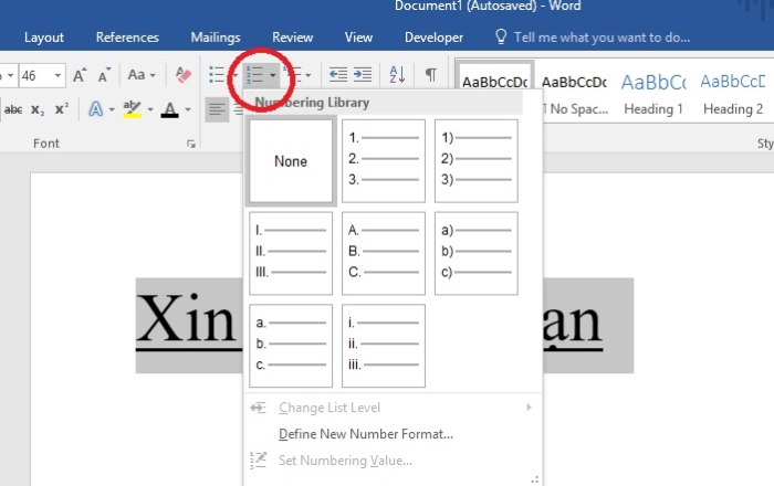 Đánh số thứ tự đầu dòng trong Word 2016