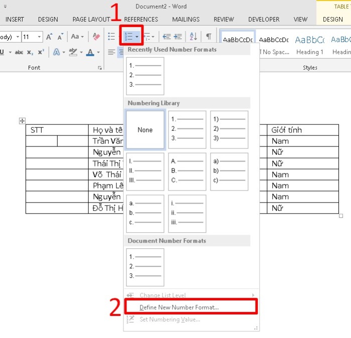 Đánh số thứ tự trên cùng một cột trong Word