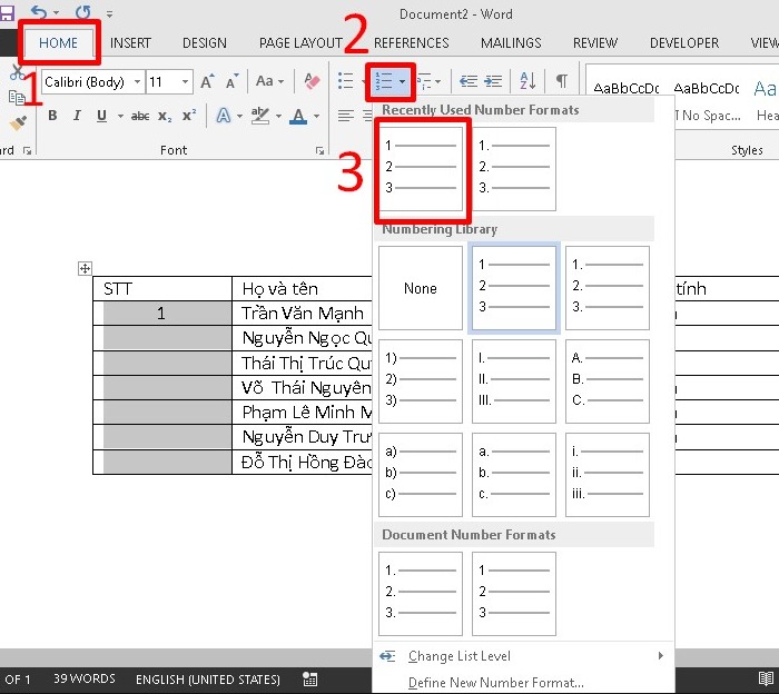 Hướng dẫn đánh số thứ tự trên cùng một cột trong Word